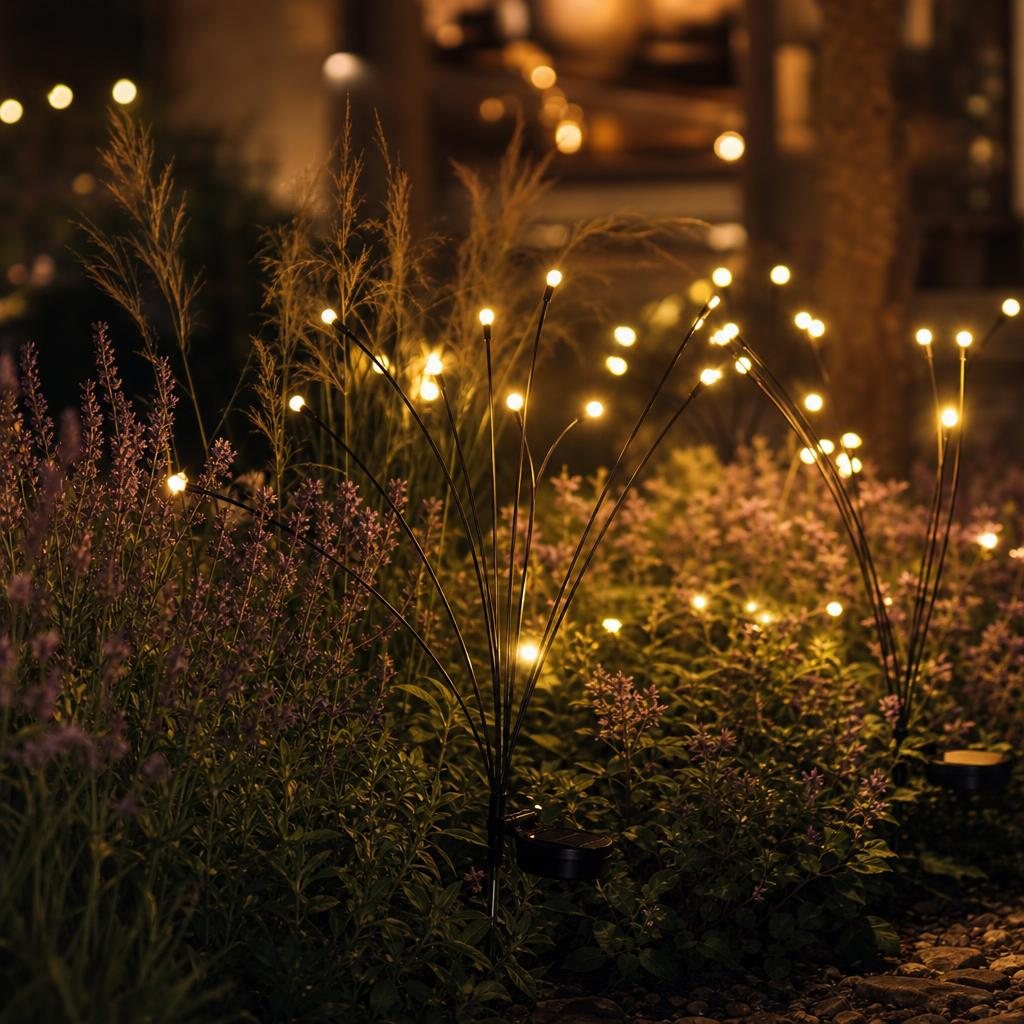 Luces solares luciérnaga meciéndose entre plantas de noche