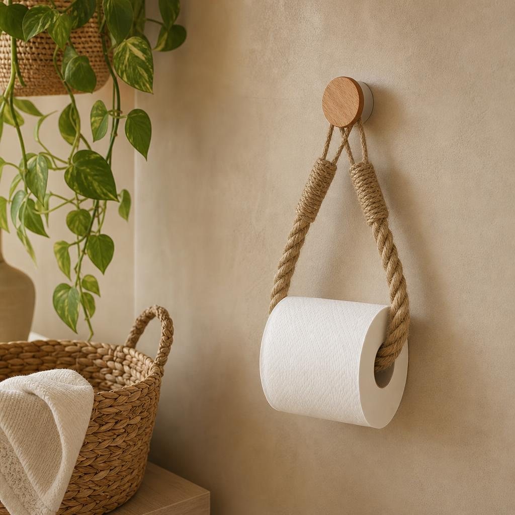 Portarrollos de cuerda de yute en un baño de estilo natural