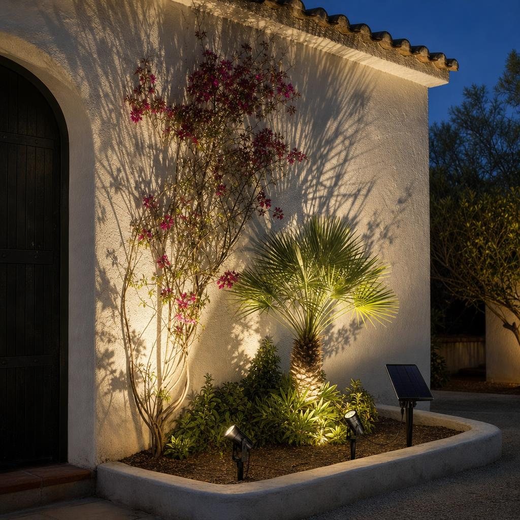 Focos solares iluminando una fachada encalada de noche