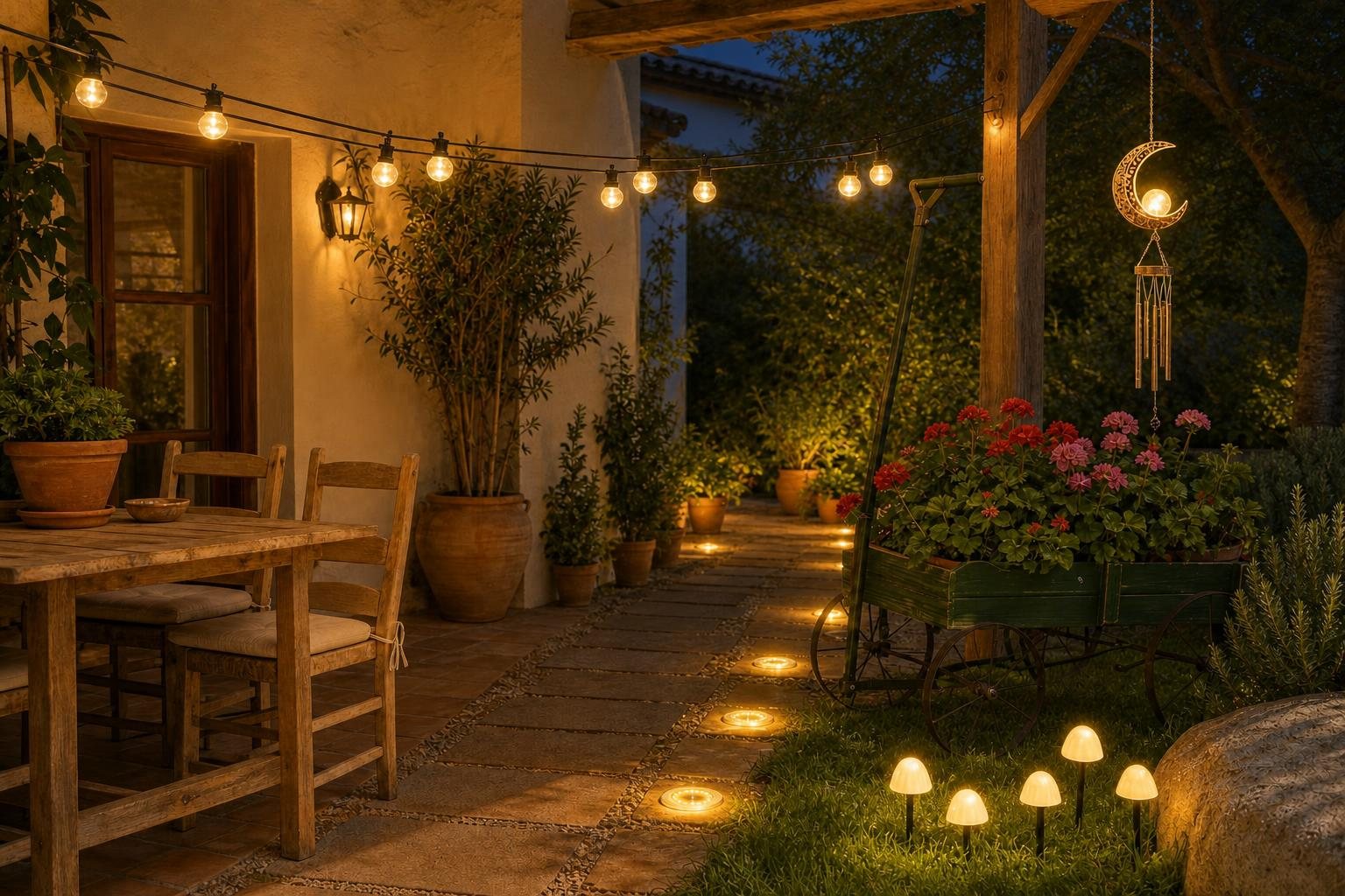 El mismo patio de noche con todas las luces encendidas