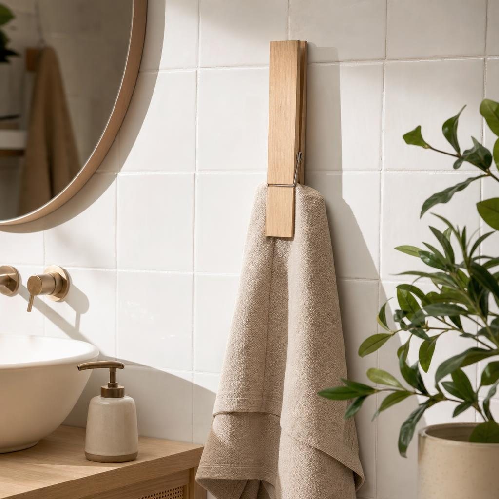 Pinza de madera gigante sujetando una toalla en el baño