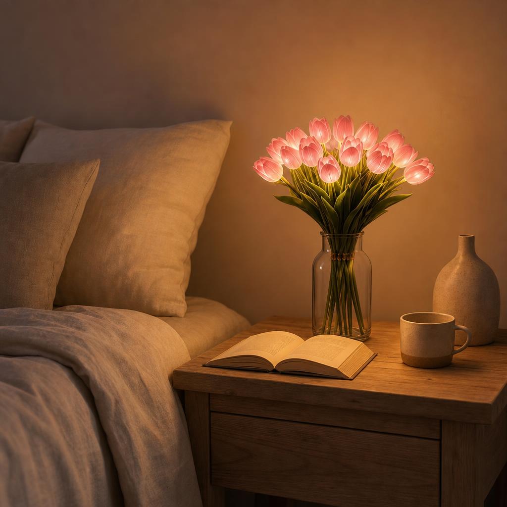 Ramo de tulipanes LED rosas encendidos en la mesita de noche