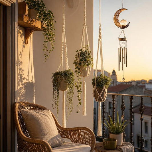 Maceteros de macramé con plantas en un balcón al atardecer