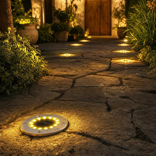 Luces solares de suelo iluminando un camino de piedra de noche