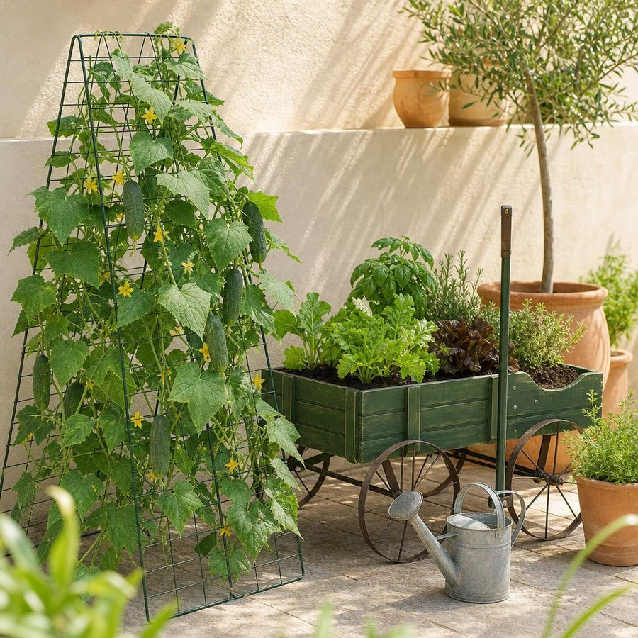 Enrejado con pepinos trepadores en un huerto de patio